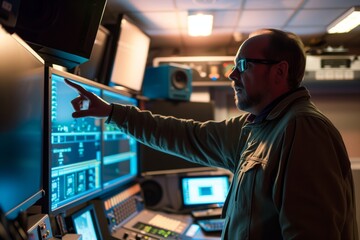 director pointing and giving instructions in the control room - obrazy, fototapety, plakaty