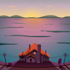 old. house on the edge of a huge lake at sunset, vector illustration