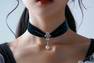 A choker made of a velvet ribbon holding a diamond and pearl pendant around a neck