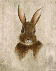 Easter Bunny portrait. Brown textured background. Easter Holiday illustration