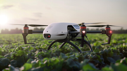 Agricultural Drone Flying over Crop Field at Sunset