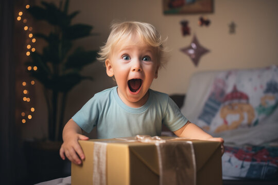 photo of surprised and happy young toddler opening gift on birthday