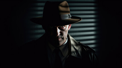 Man in a raincoat with a hat at night. Portrait of a detective in the shadows