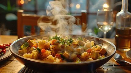 Steaming Hot Vegetarian Dish on a Cozy Dinner Table - obrazy, fototapety, plakaty