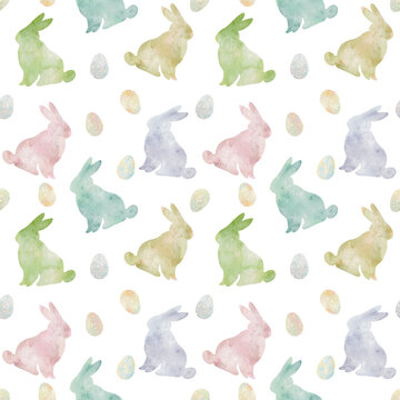 Seamless watercolor easter bunny and easter eggs pattern