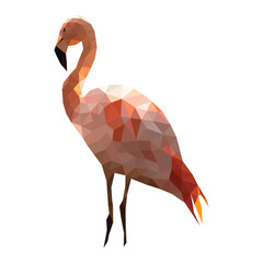 Pink low poly image of flamingo, triangle mosaic pattern forming illustration of crystals, diamonds, bird