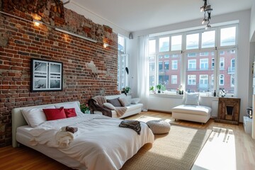Modern White Apartment with Brick Wall: Stylish Interior Design and Architecture - obrazy, fototapety, plakaty