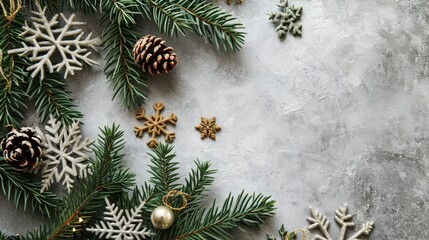 Festive Winter Frame: Fir Branches and Decorations on Pastel Gray Background