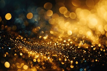 Golden Glitterburst: Abstract Black Background with Glowing Bokeh and Sparkling Stardust