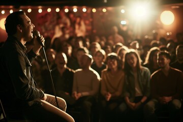comedy show with comedian and laughing crowd - obrazy, fototapety, plakaty