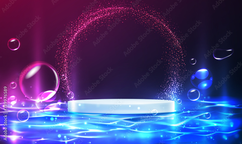 Wall mural 3d display product stand on blue water ripples background with floating bubbles. 3d realistic round 