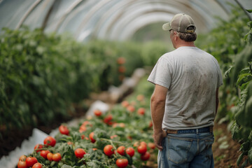 Farmer Overlooking Tomato Crop in Greenhouse