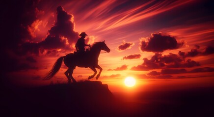 silhouette of a cowboy riding into the sunset, c4d, dreamy and optimistic, vibrant sky hd wallpaper - obrazy, fototapety, plakaty