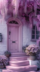 Hello Spring. Pink door and blossom Wisteria tree. Ai generated image