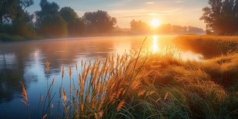 Serene landscape of reed meadow by river at sunset picturesque scene capturing tranquil beauty of nature with golden sunlight reflecting on water perfect for backgrounds depicting environments - obrazy, fototapety, plakaty