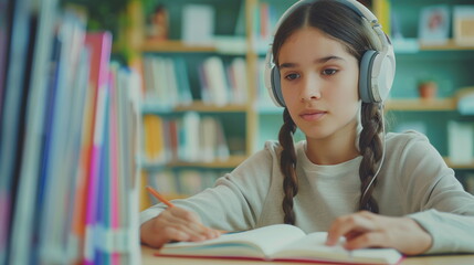 Portrait of girl in wireless headset using laptop, studying online at home, interested happy student typing on keyboard looking at pc screen, watching webinar, online course, doing homework