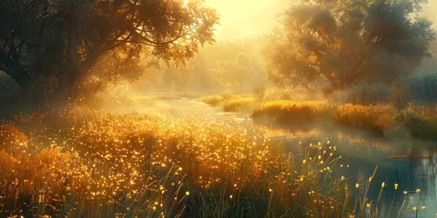 Cercles muraux Réflexion Serene landscape of reed meadow by river at sunset picturesque scene capturing tranquil beauty of nature with golden sunlight reflecting on water perfect for backgrounds depicting environments