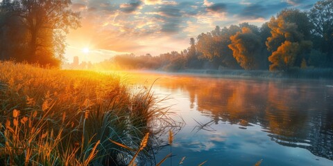 Serene landscape of reed meadow by river at sunset picturesque scene capturing tranquil beauty of...