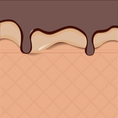Vector drawing of chocolate and cream ice cream in a waffle cup. Waffle background. Illustration can be used for food packaging design.
