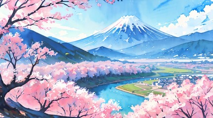 水彩画背景_日本の富士山と桜_01