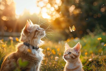 Two curious cats observe a delicate butterfly fluttering among the sun-kissed blades of grass, their feline instincts and gentle whiskers attuned to the beauty of nature