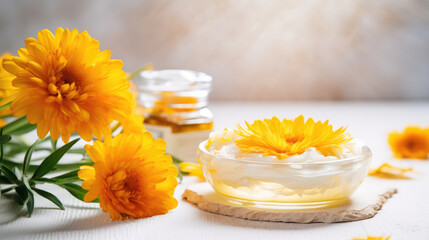 Obraz na płótnie Canvas Cosmetic jar of body care cream with extract of Calendula on a light background
