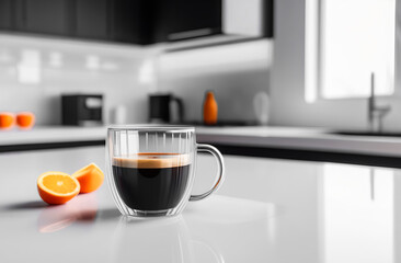 international Coffee Day. glass cup with coffee in a modern kitchen, latte, cappuccino, espresso. ai generation