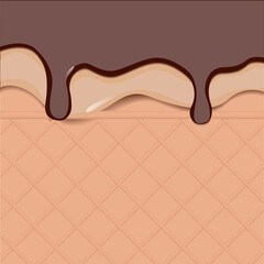 Vector drawing of chocolate and cream ice cream in a waffle cup. Waffle background. Illustration can be used for food packaging design.