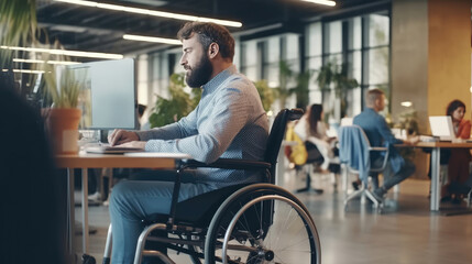 An employee works in a wheelchair in the office - obrazy, fototapety, plakaty