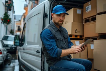 A modern man with a blue cap and a tablet in hand, stands confidently in front of his sleek van, showcasing his sense of style and technological savvy in the urban streets