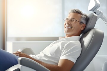 A confident man receives dental care relaxing in an orthodontic chair. Concept Dental Care, Confidence, Orthodontic Chair, Relaxation, Men's Health - obrazy, fototapety, plakaty
