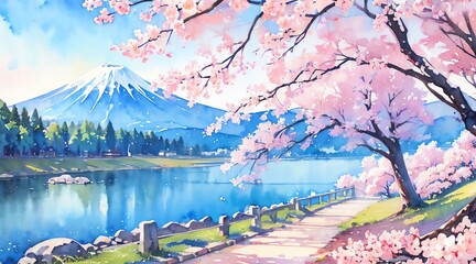 水彩画背景_日本の富士山と桜_03