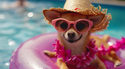 Hello Summer. Super cute chihuahua dog wearing straw hat and swimming in the pool. Ai generated image