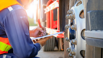 Preforming a pre-trip inspection on a truck,Concept preventive maintenance truck checklist,Truck driver holding clipboard with checking of truck,spot focus. - Powered by Adobe