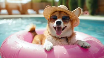 Hello Summer. Super cute corgi dog wearing straw hat and swimming in the pool. Ai generated image