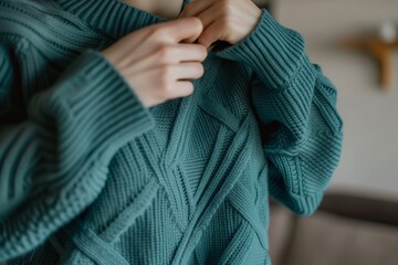 midaction, person pulling on a teal sweater, uncluttered environment