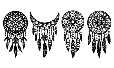 Dream catcher with feathers vector set. Decorative illustration in boho style. Hand-drawn ethnic symbol. For paper and laser cutting, printing on T-shirts, mugs. - obrazy, fototapety, plakaty