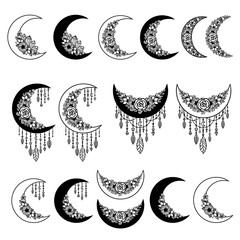 Vector crescent moon dream catcher with flowers. Decorative illustration in boho style. Hand-drawn ethnic symbol. For paper and laser cutting, printing on T-shirts, mugs. Black mystical element. - obrazy, fototapety, plakaty