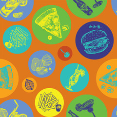 Vector bar cocktails alcoholic drinks and fast food fun pattern with round circles. Suitable for textile and wallpaper.