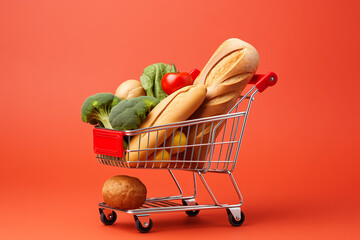A grocery cart full of bread, broccoli, lettuce and tomato.