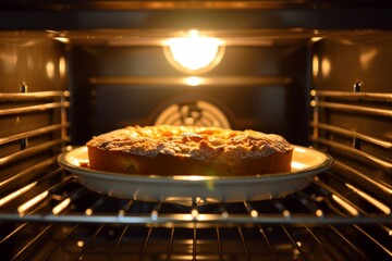 oven light on, illuminating a goldenbrown cake inside