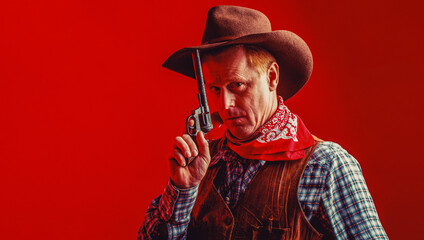 American bandit in mask, western man with hat. Portrait of cowboy in hat. Portrait of man wearing...