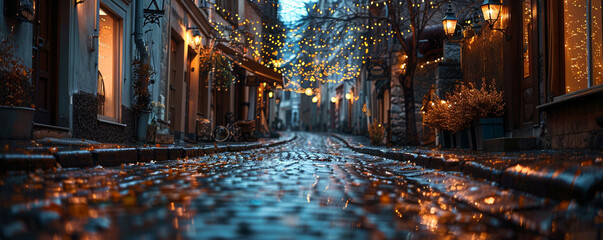 Atmospheric alleyway in a European city wet cobblestones and hanging lights