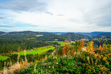 Autumn landscape in the Black Forest. Nature with forests and hills.
