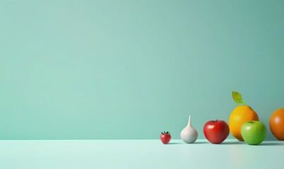 ;diet background, fruit on turquoise blue background with copy space - obrazy, fototapety, plakaty