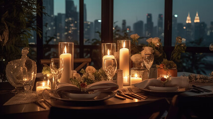 Fototapeta na wymiar Rooftop terrace with festive table for romantic candlelight dinners
