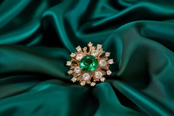 emerald brooch on green silk, centrally placed - obrazy, fototapety, plakaty