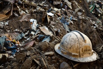 dirty hard hat placed on a mound of construction waste