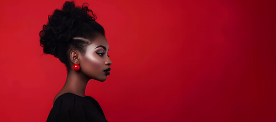 Stylish black woman smiling on red background in studio. Confident black woman with curly hair on red background. Background woman black hair person beauty face female woman portrait african young.