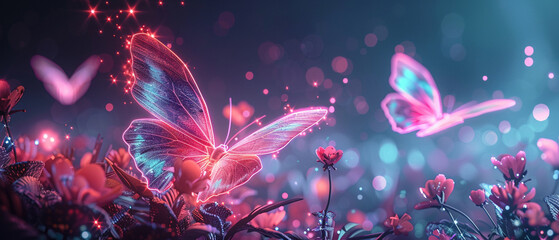 Butterflies with neon wings in a digital garden dreamy illustration blending nature and technology - obrazy, fototapety, plakaty